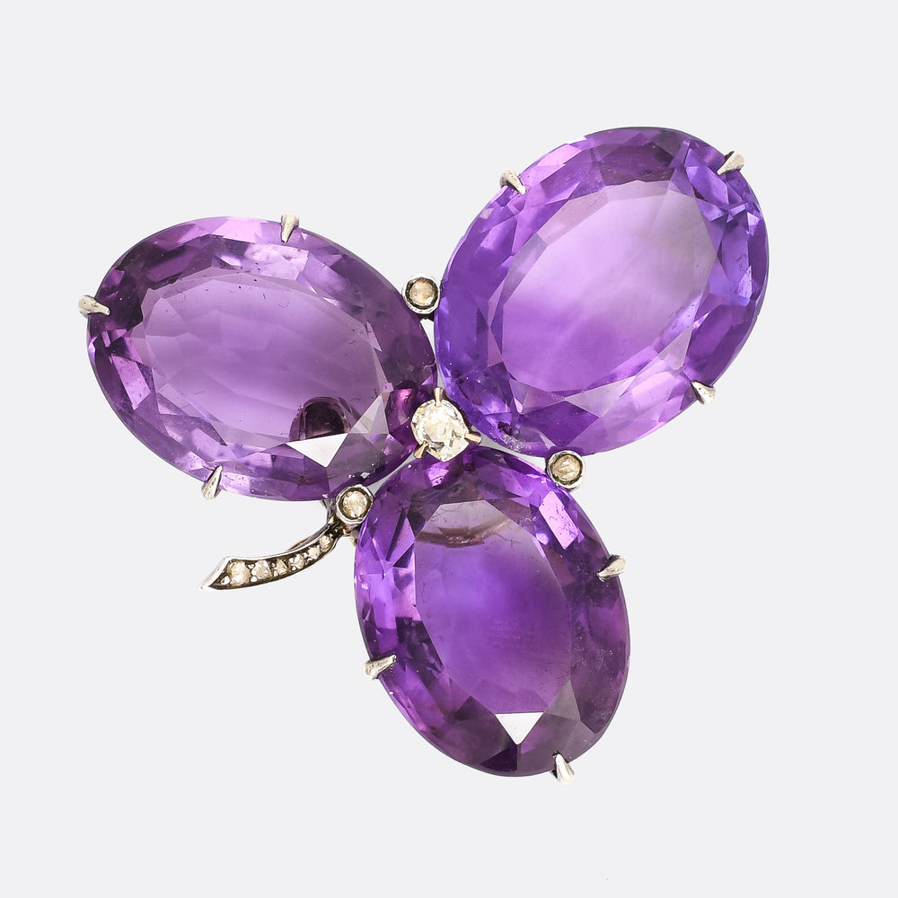 Mid-Victorian Amethyst & Diamond Clover Brooch