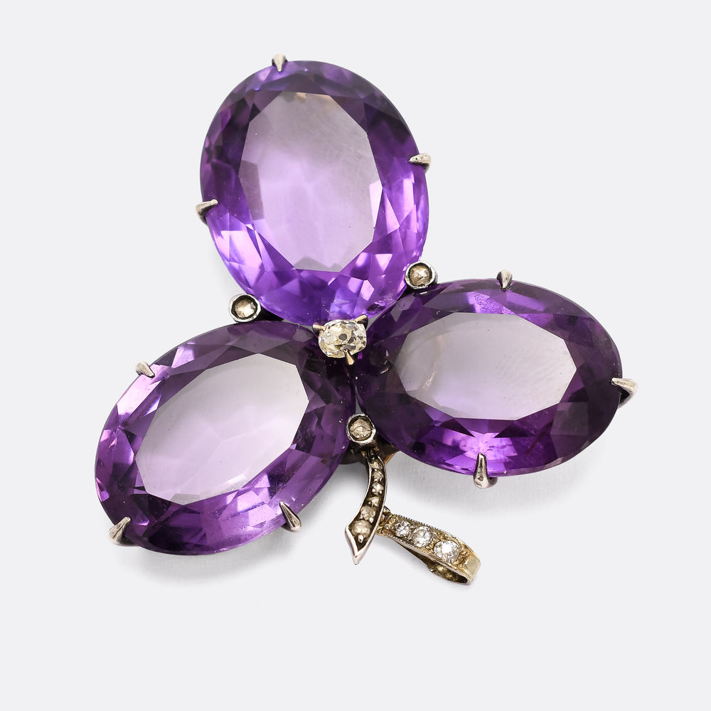 Mid-Victorian Amethyst & Diamond Clover Brooch