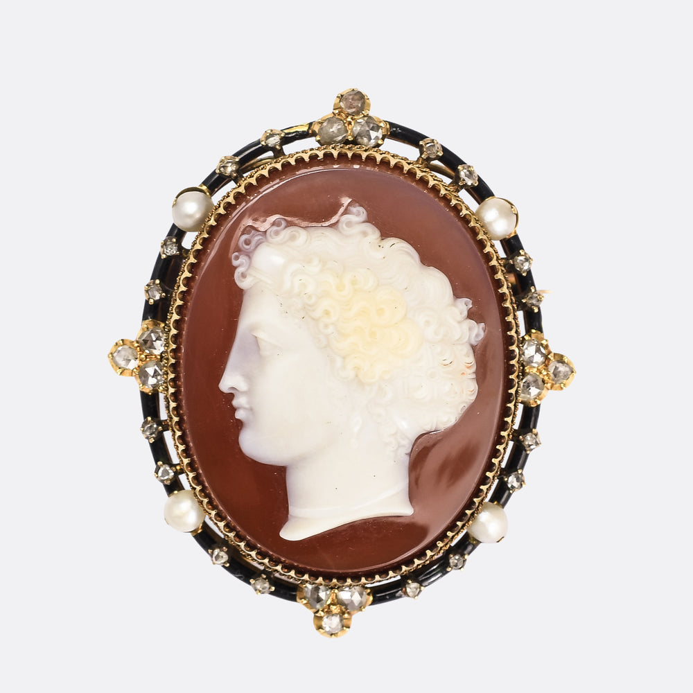 Mid-Victorian Diamond Pearl Hardstone Cameo Brooch