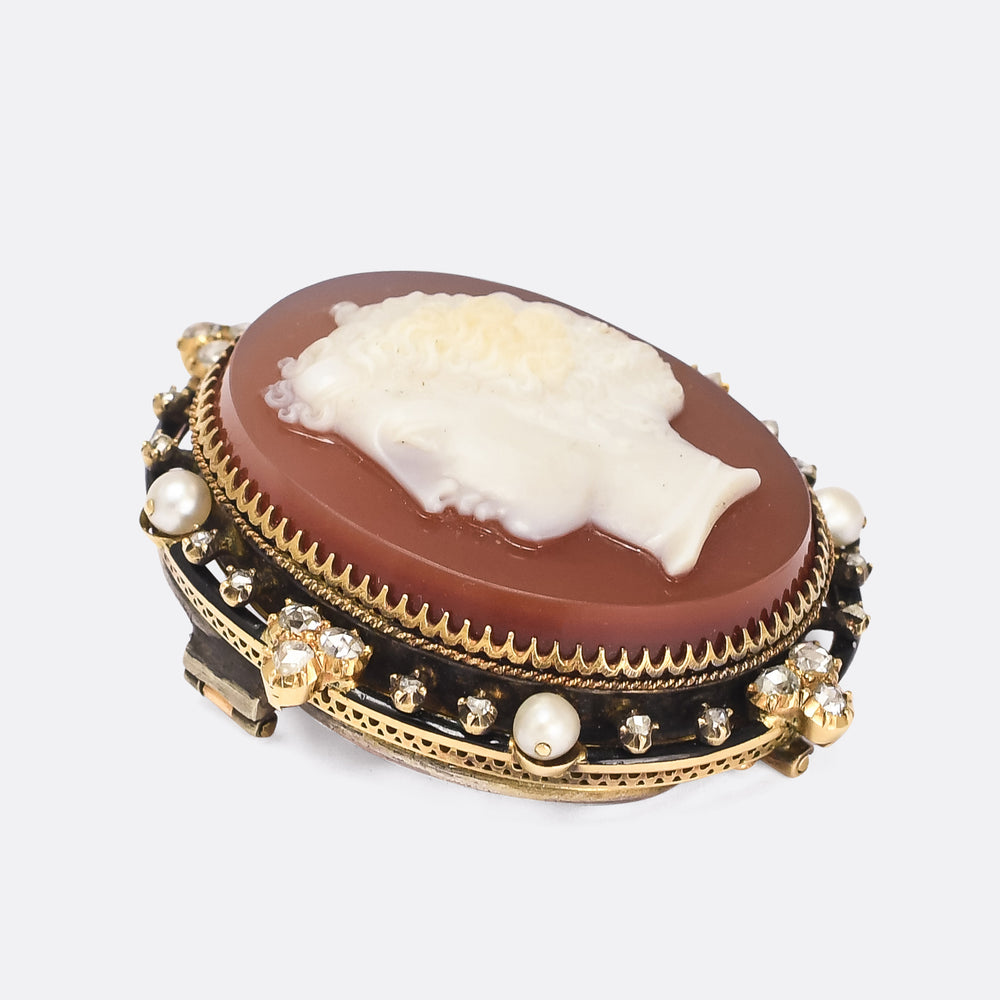 Mid-Victorian Diamond Pearl Hardstone Cameo Brooch