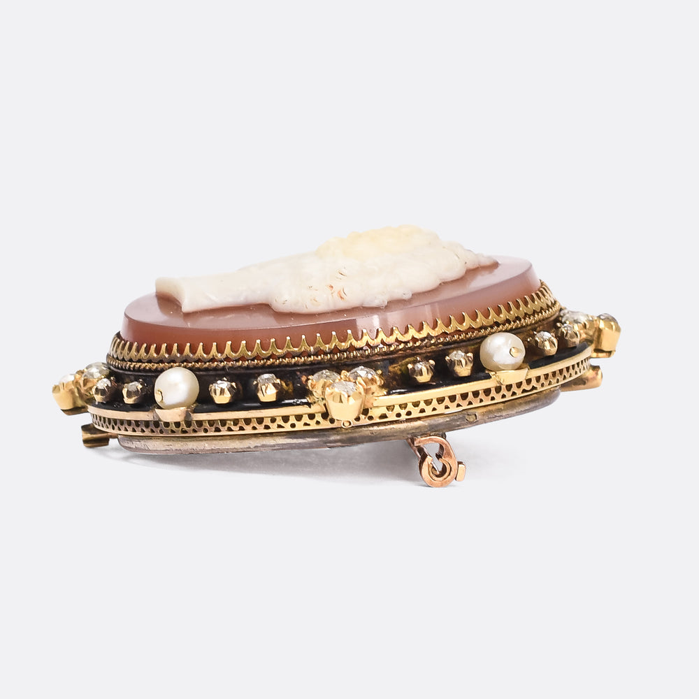 Mid-Victorian Diamond Pearl Hardstone Cameo Brooch