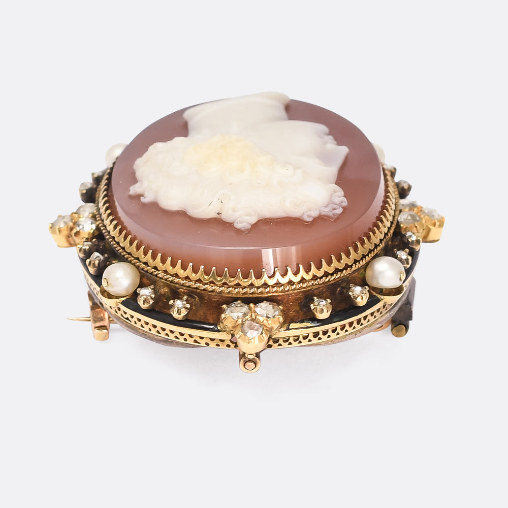 Mid-Victorian Diamond Pearl Hardstone Cameo Brooch