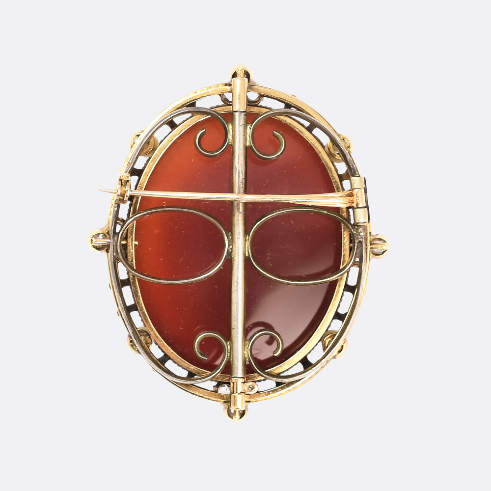 Mid-Victorian Diamond Pearl Hardstone Cameo Brooch