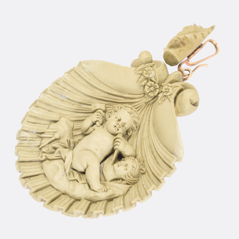 Mid-Victorian Cupid Carving Aphrodite Lava Cameo Pendant