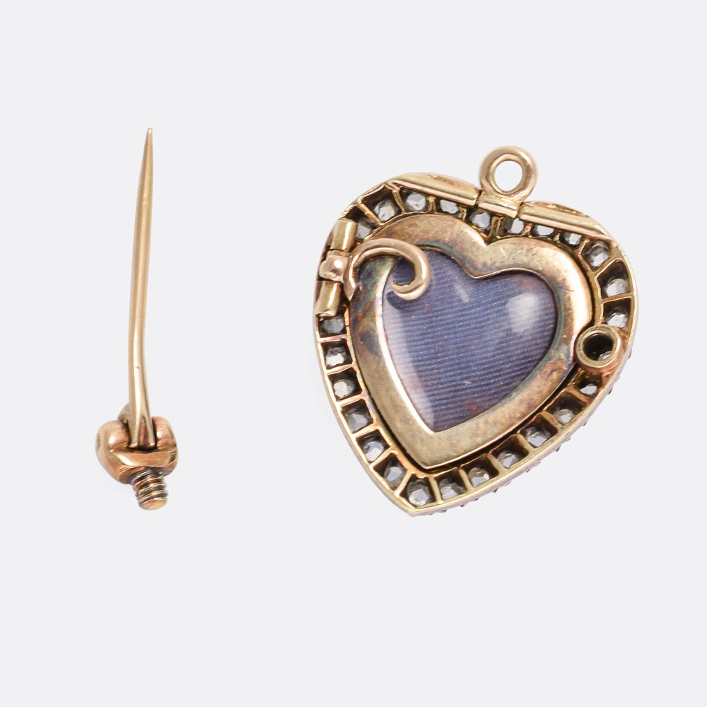 Mid-Victorian Diamond Double Heart Pendant Brooch