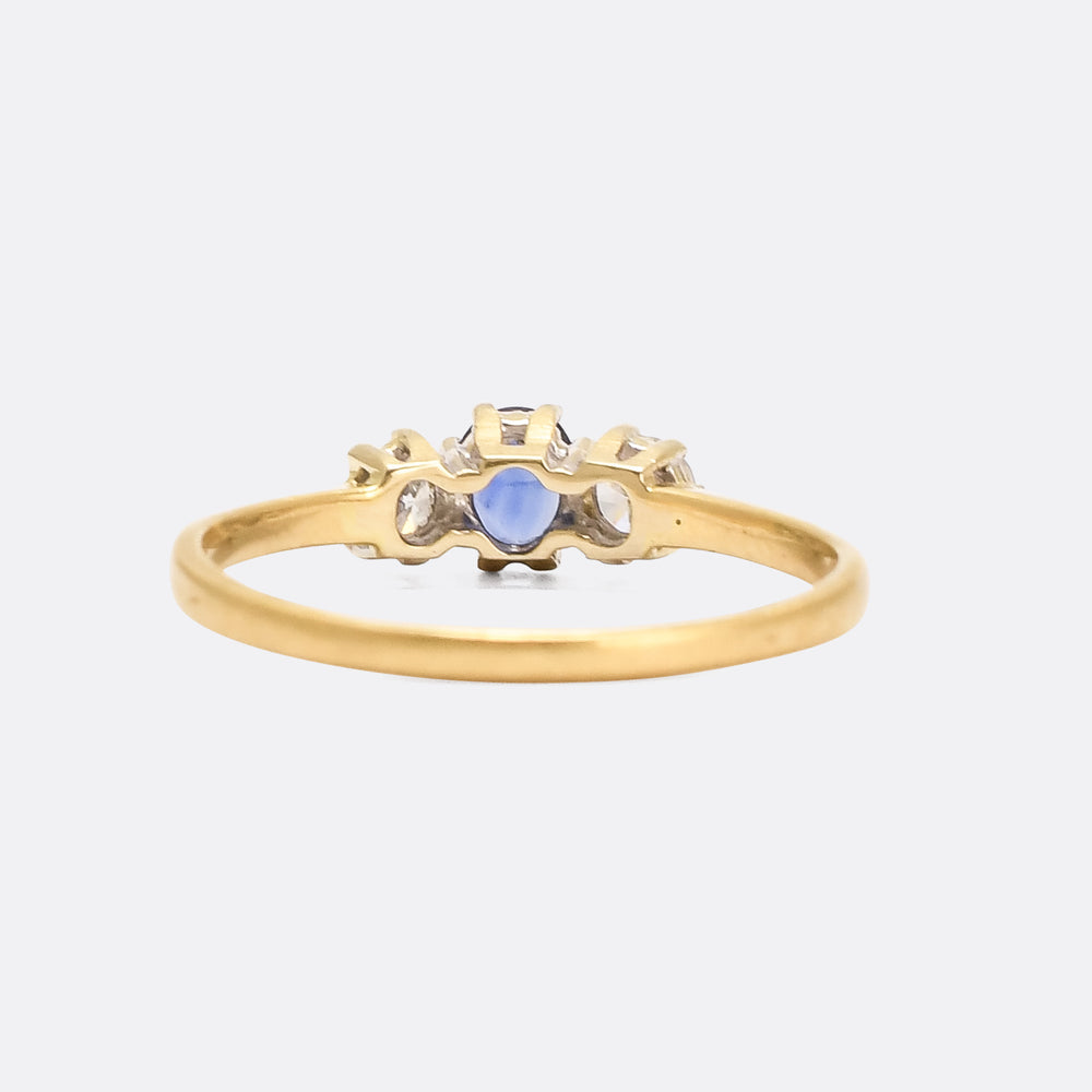 Mid Century Cornflower Sapphire & Diamond Trilogy Ring