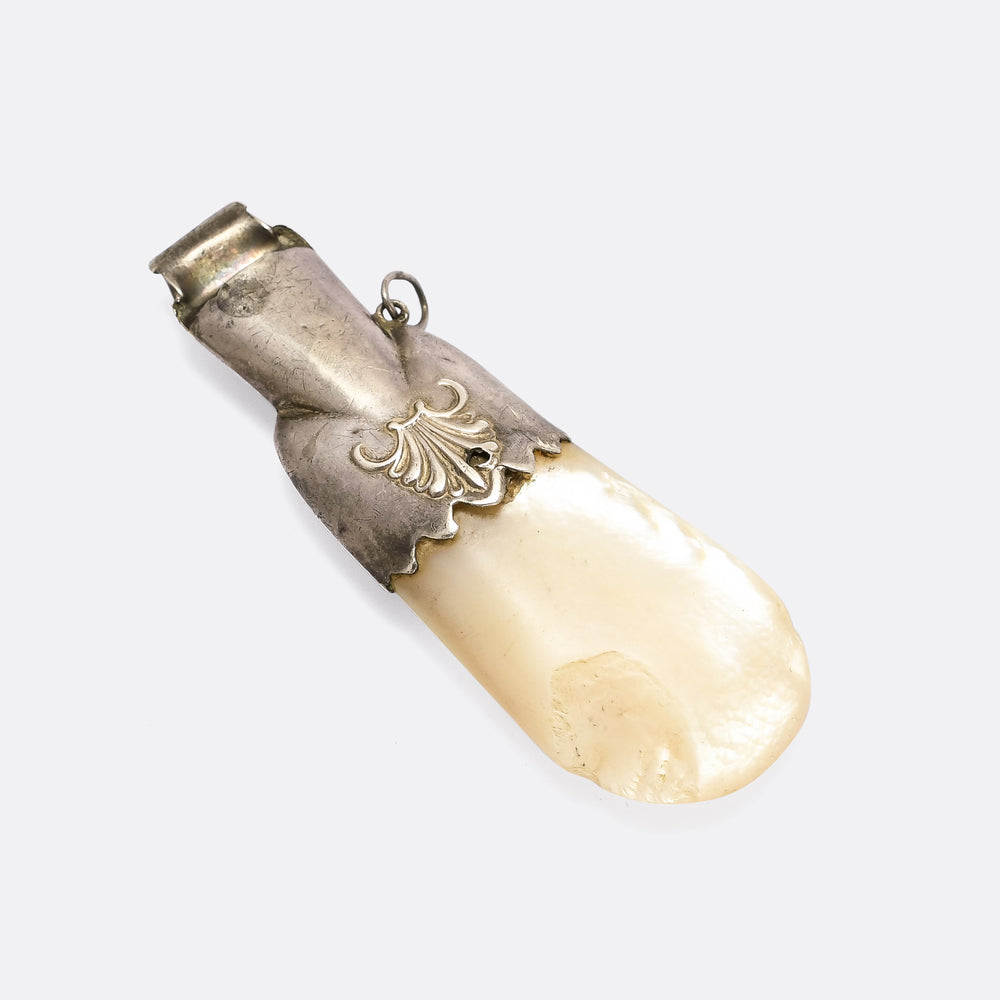 Mid Victorian Mother of Pearl Silver Whistle Pendant