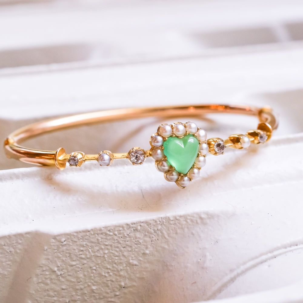 Victorian Chrysophrase Pearl & Diamond Heart Bangle