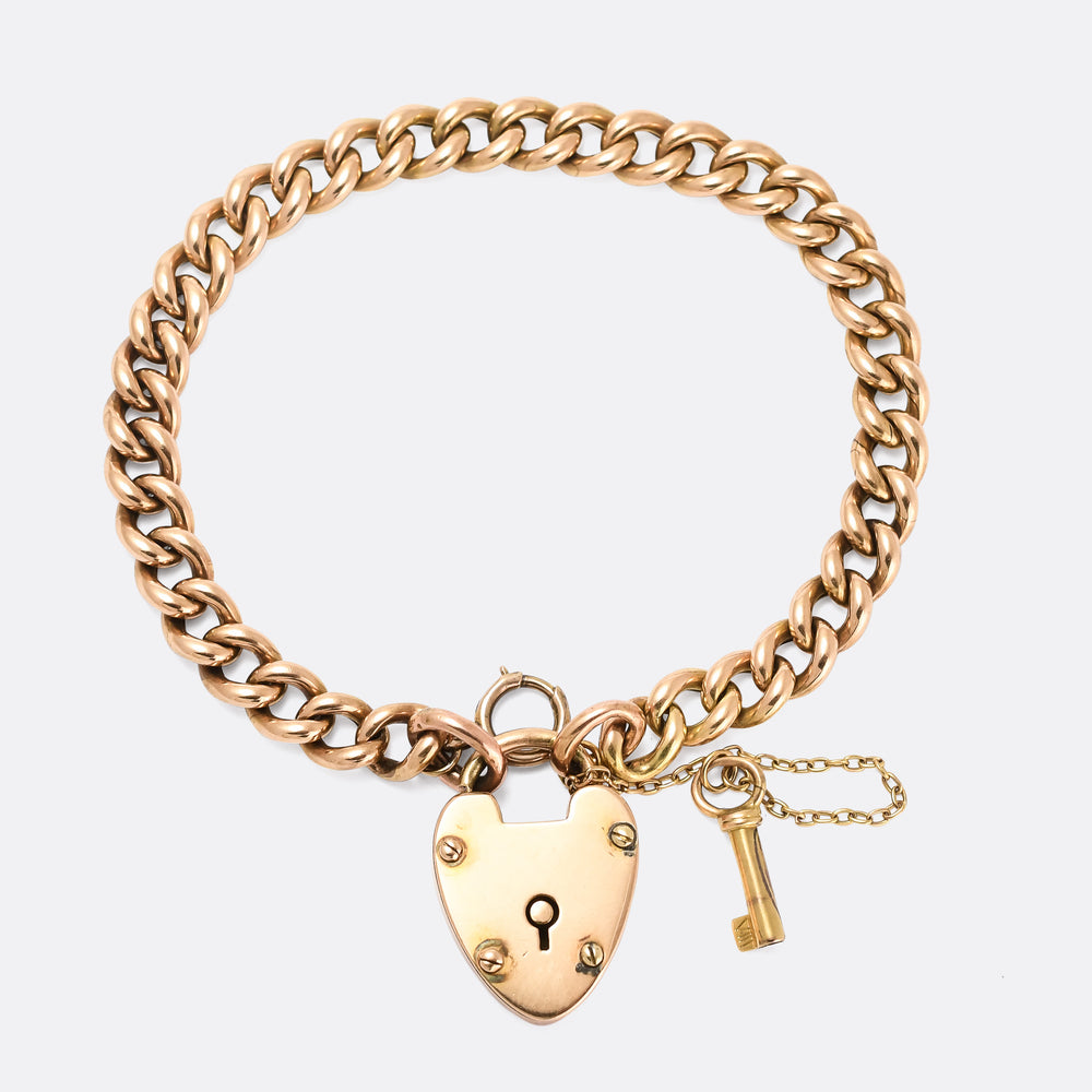 Victorian 15k Gold Curb-Link Bracelet with Heart Padlock