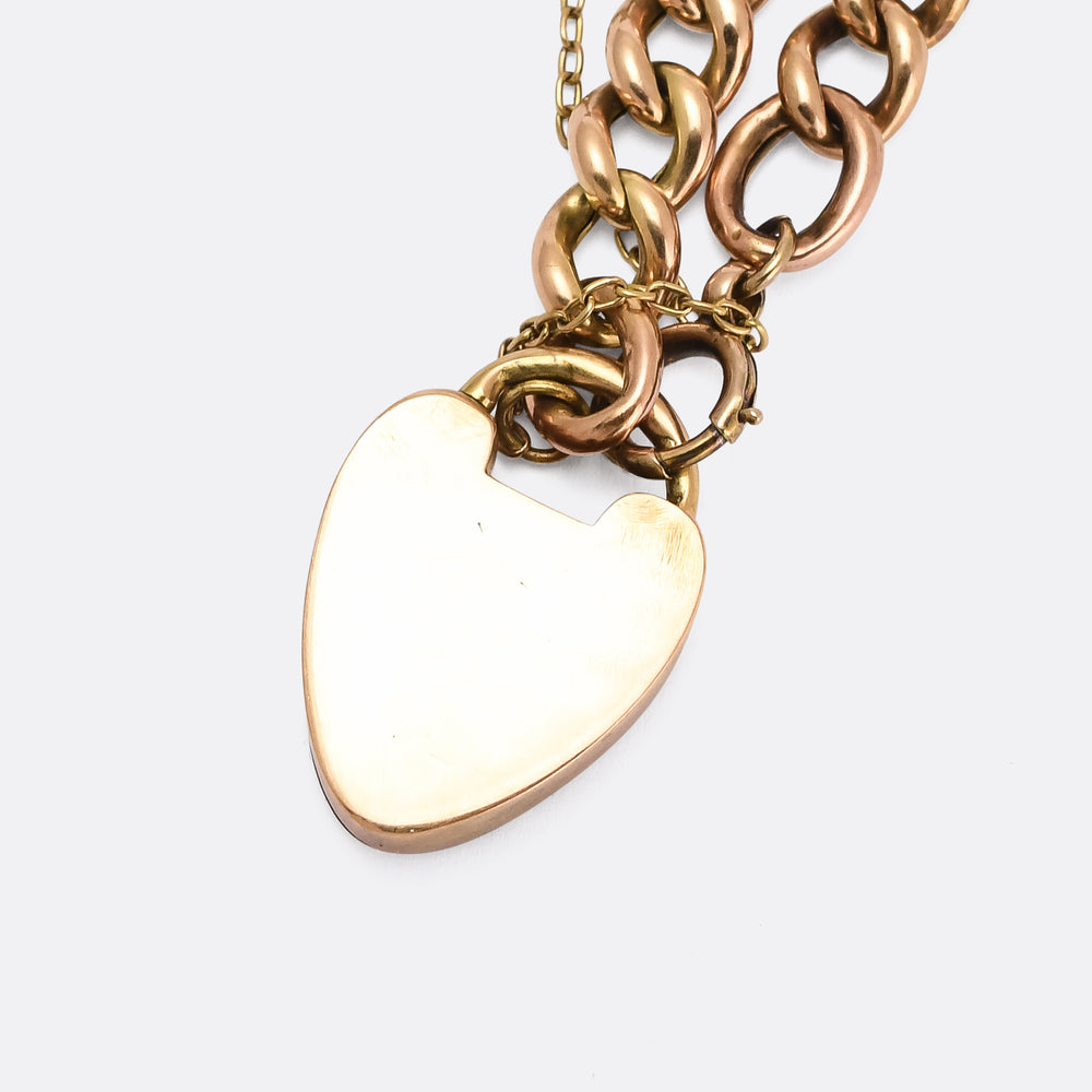 Victorian 15k Gold Curb-Link Bracelet with Heart Padlock