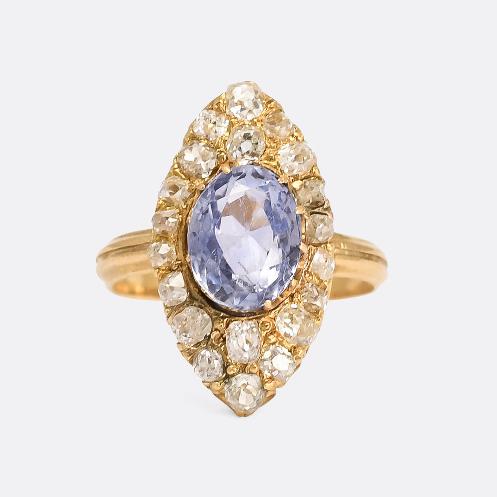 Victorian 2.32ct Ceylon Cornflower Sapphire Navette Cluster Ring