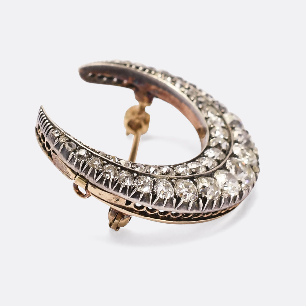 Victorian 3.0ct Old Cut Diamond Crescent Moon Brooch Pendant
