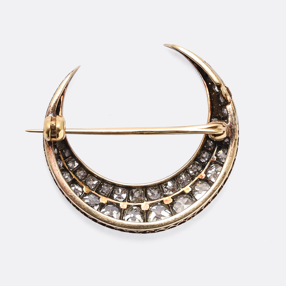 Victorian 3.0ct Old Cut Diamond Crescent Moon Brooch Pendant