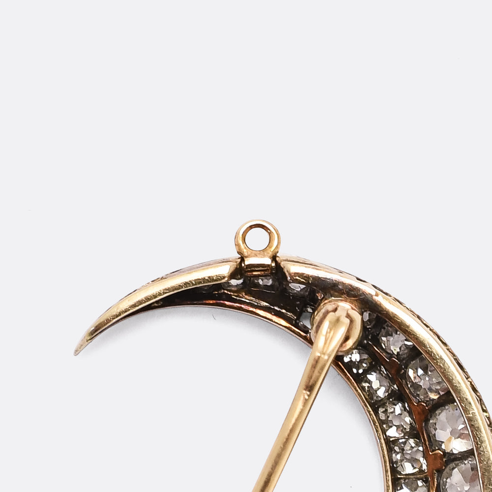 Victorian 3.0ct Old Cut Diamond Crescent Moon Brooch Pendant
