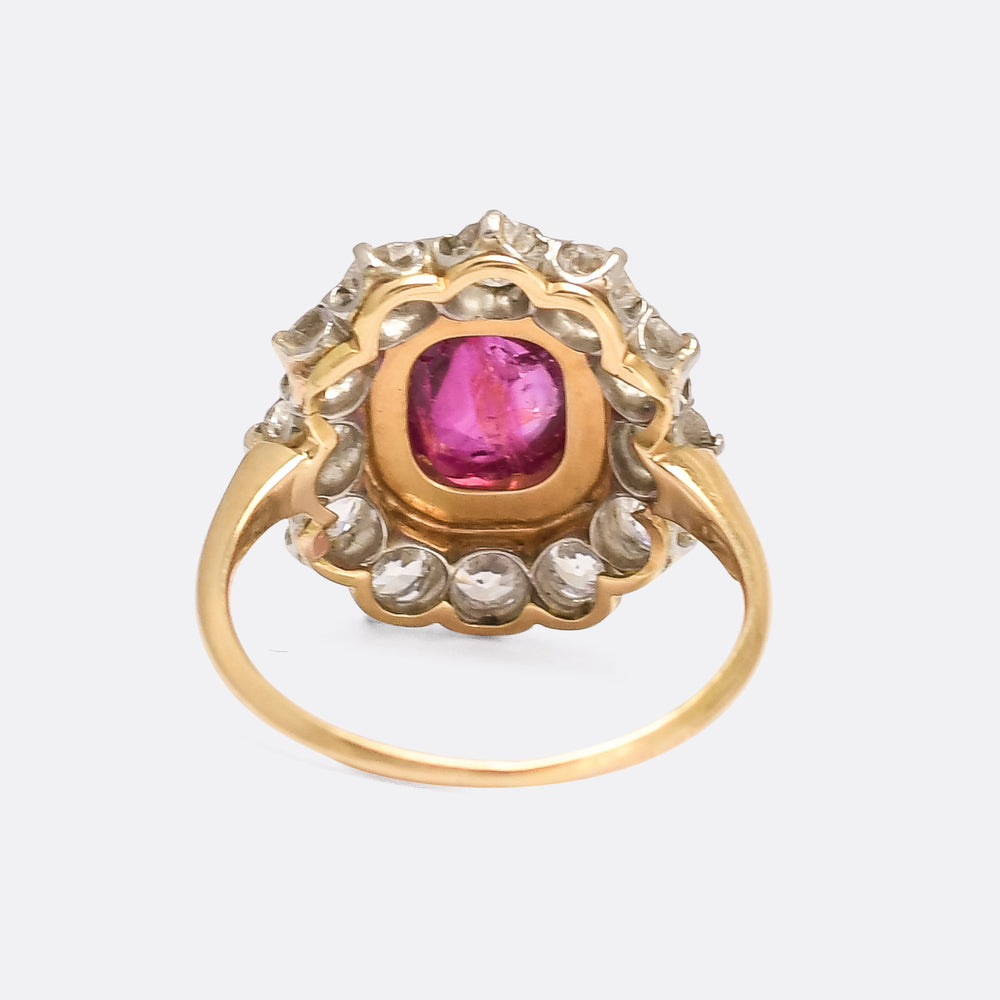 Victorian 3.63ct Burma Ruby Cabochon & Diamond Cluster Ring