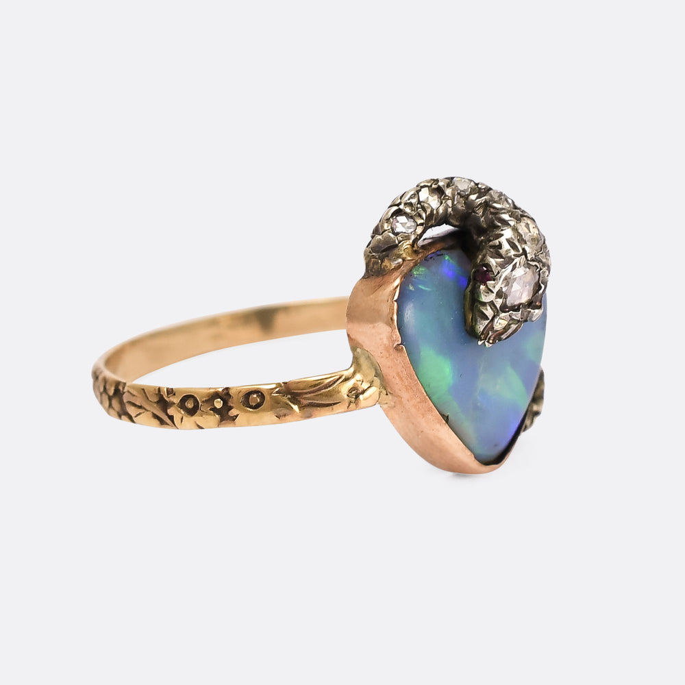 Victorian Black Opal & Diamond Snake Ring