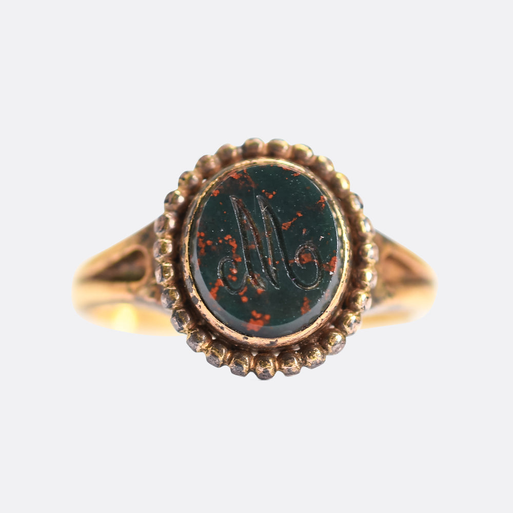 Victorian Bloodstone M Intaglio Signet Ring