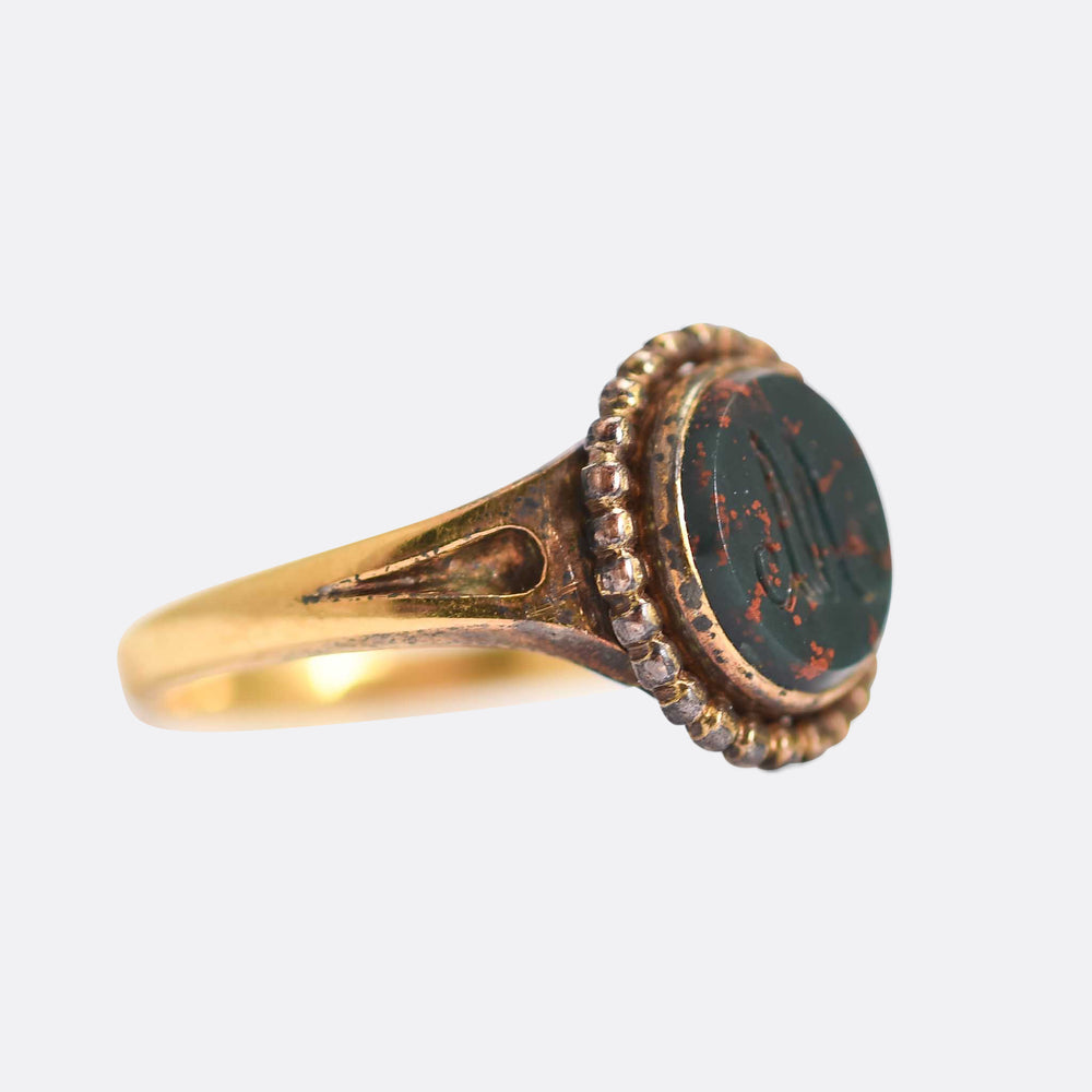 Victorian Bloodstone M Intaglio Signet Ring