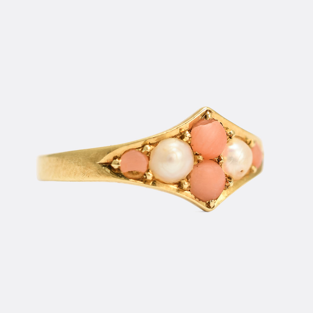 Victorian Coral & Pearl Cluster Ring