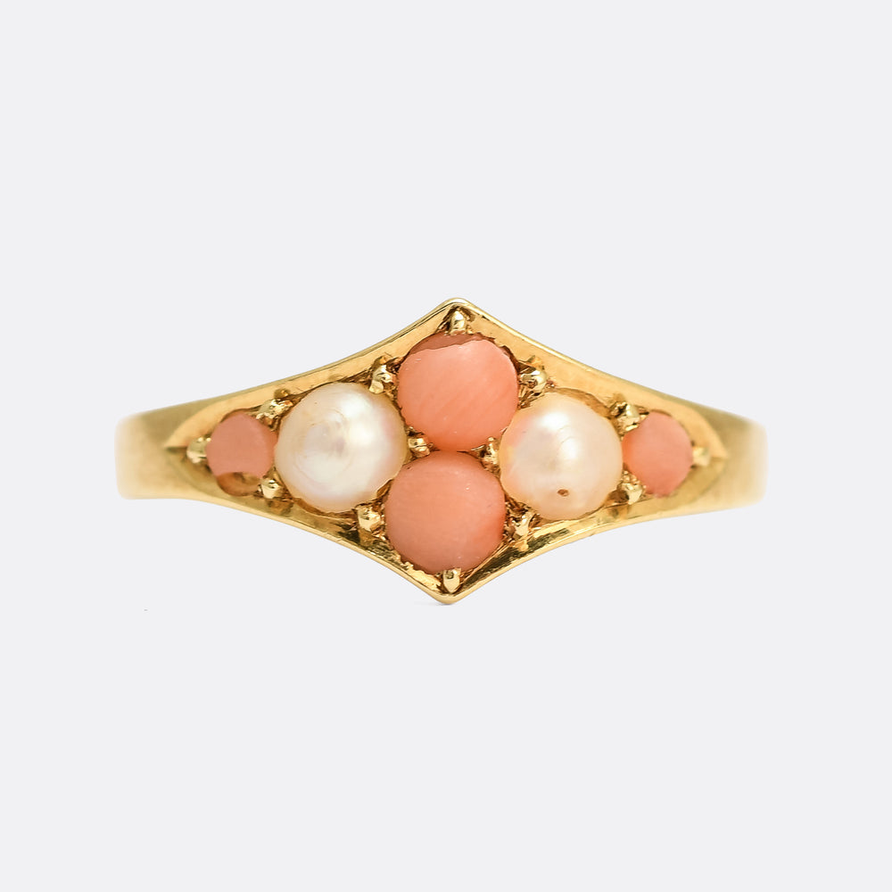 Victorian Coral & Pearl Cluster Ring