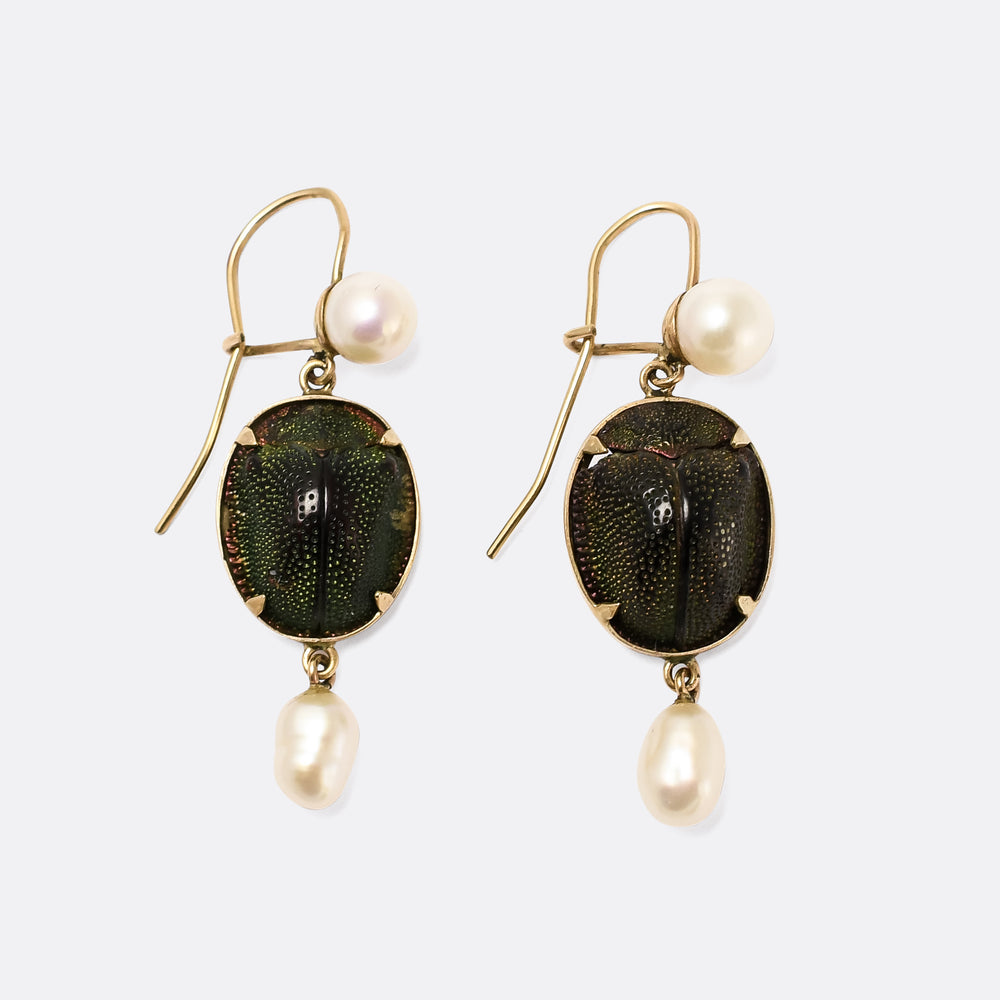Victorian Egyptian Revival Scarab & Pearl Earrings