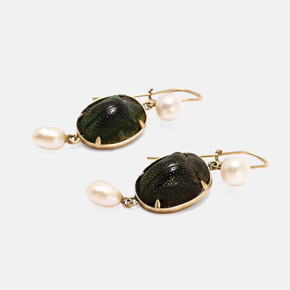 Victorian Egyptian Revival Scarab & Pearl Earrings