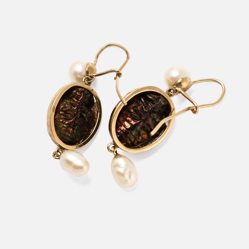 Victorian Egyptian Revival Scarab & Pearl Earrings