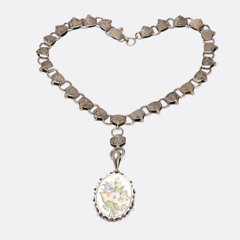 Victorian Enamel Language of Flowers Locket & Collar Necklace