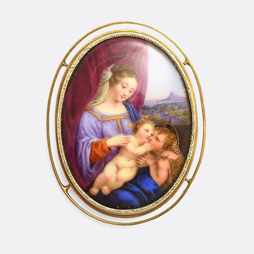 Victorian Madonna & Child With St John Enamel Miniature Brooch