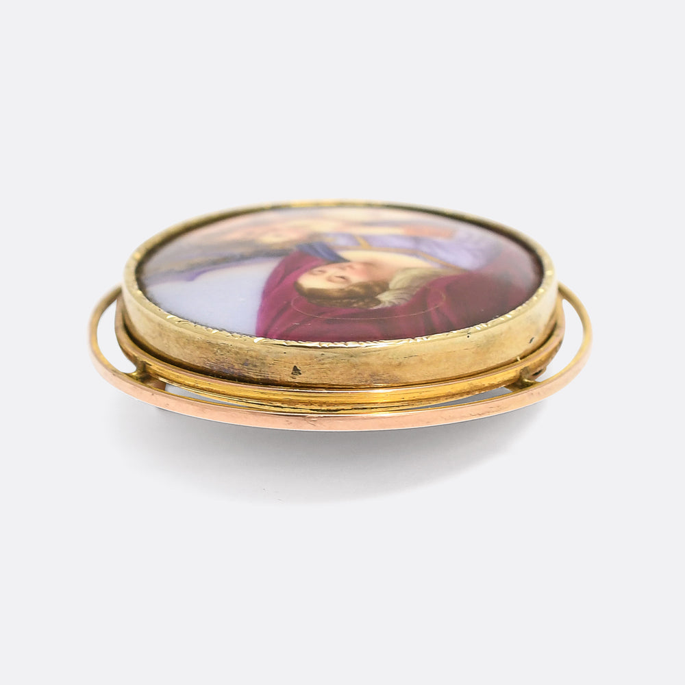 Victorian Madonna & Child With St John Enamel Miniature Brooch