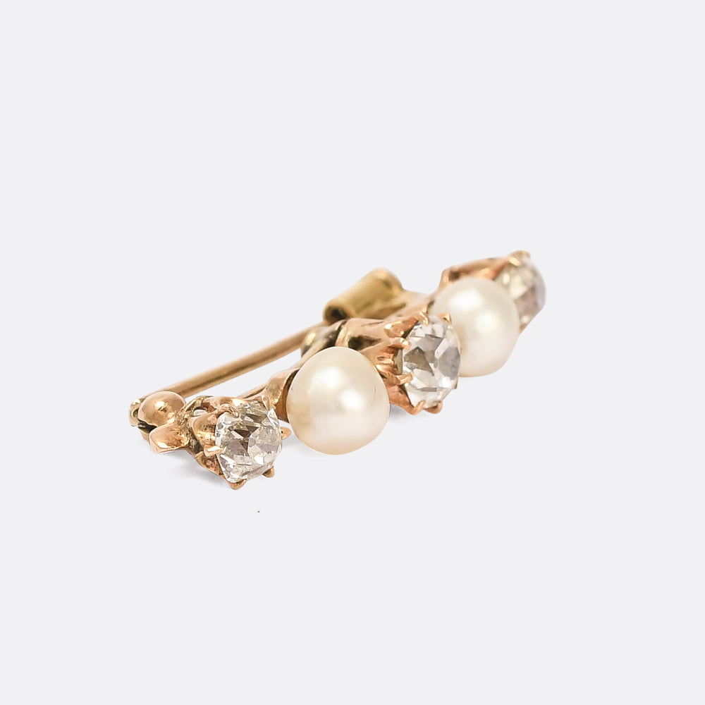 Victorian Old Cut Diamond & Pearl Bar Brooch
