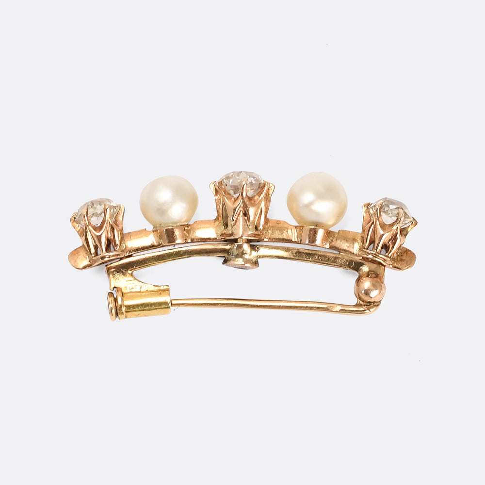 Victorian Old Cut Diamond & Pearl Bar Brooch