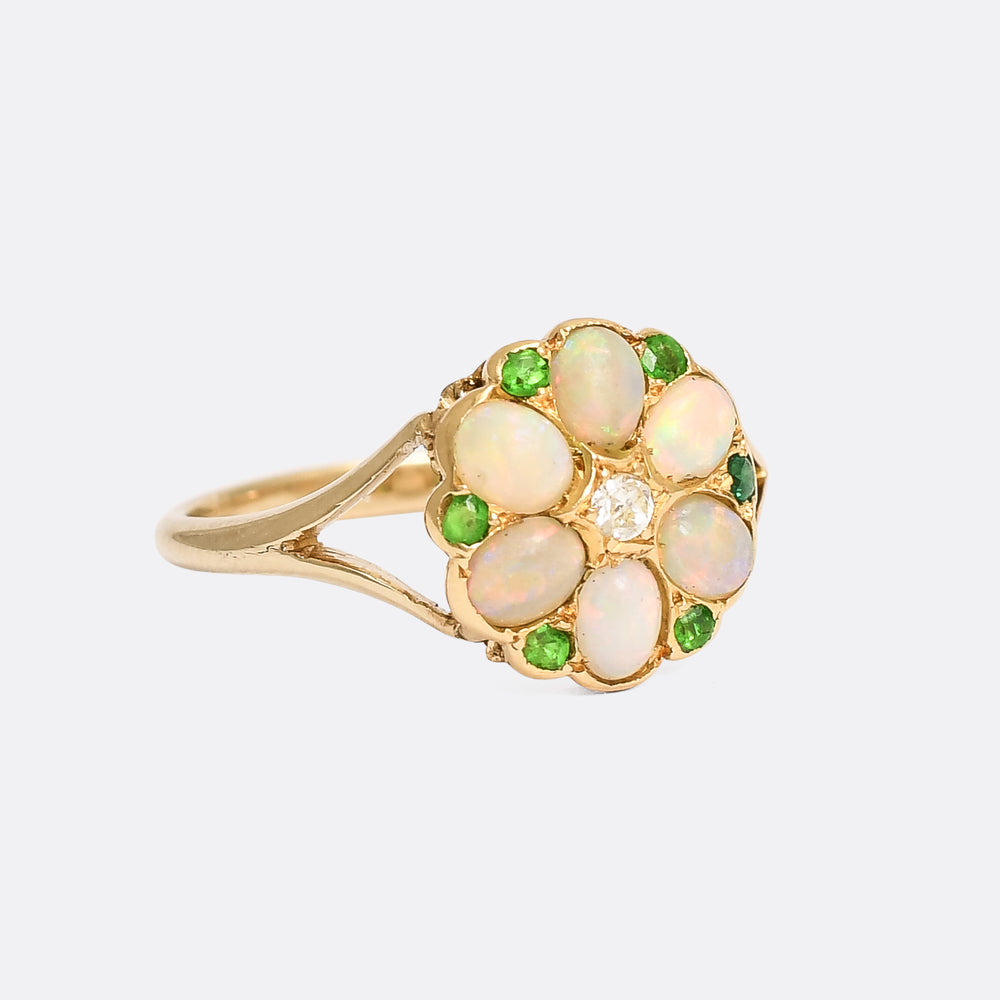 Victorian Opal Diamond & Demantoid Garnet Cluster Ring