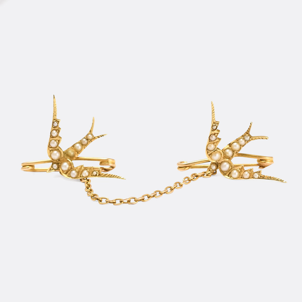 Victorian Pearl Double Swallows Brooch