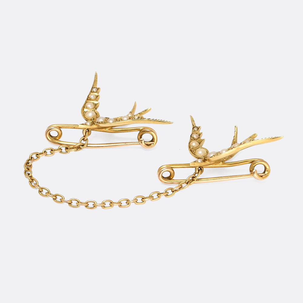 Victorian Pearl Double Swallows Brooch
