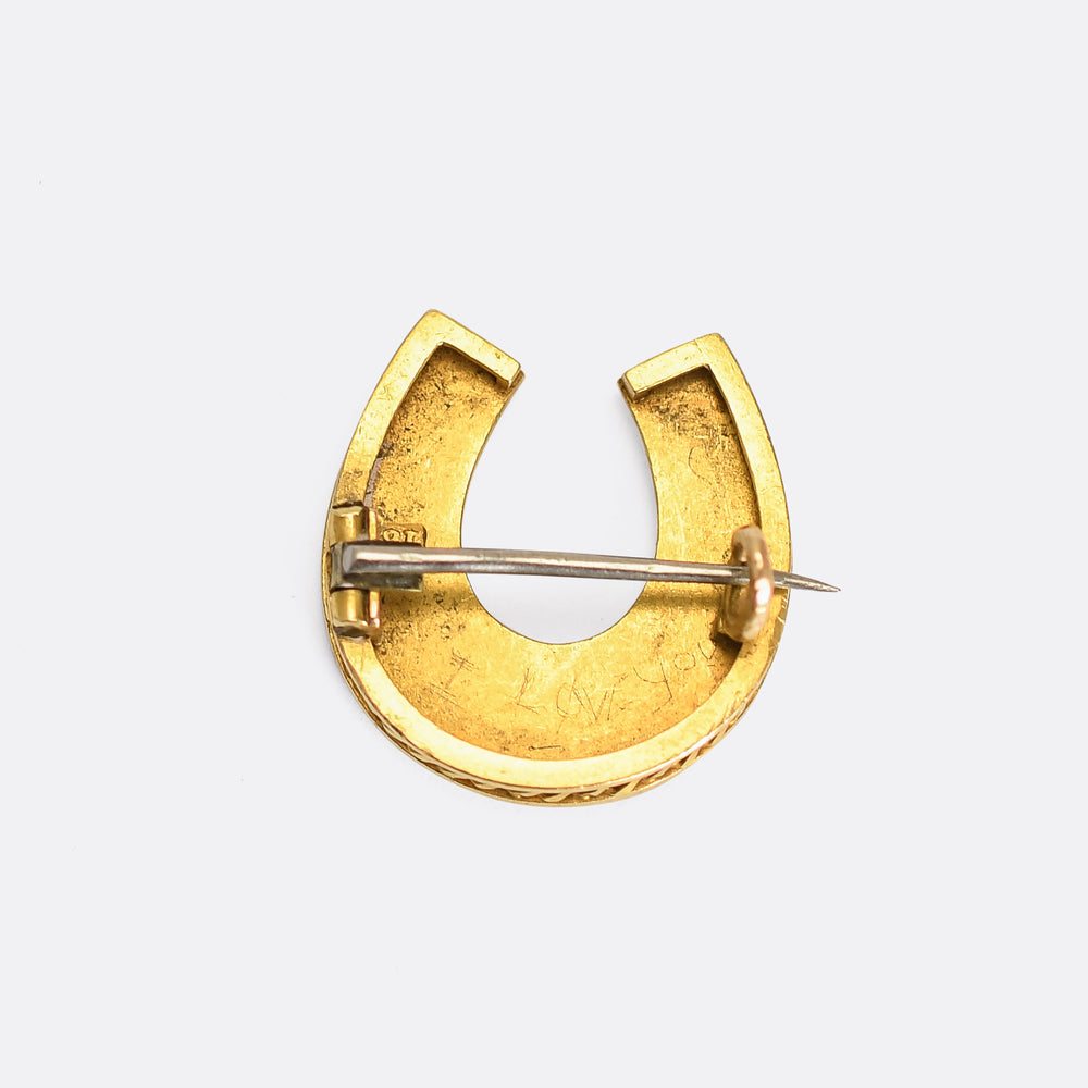 Victorian Pearl & Coral Lucky Horseshoe Brooch