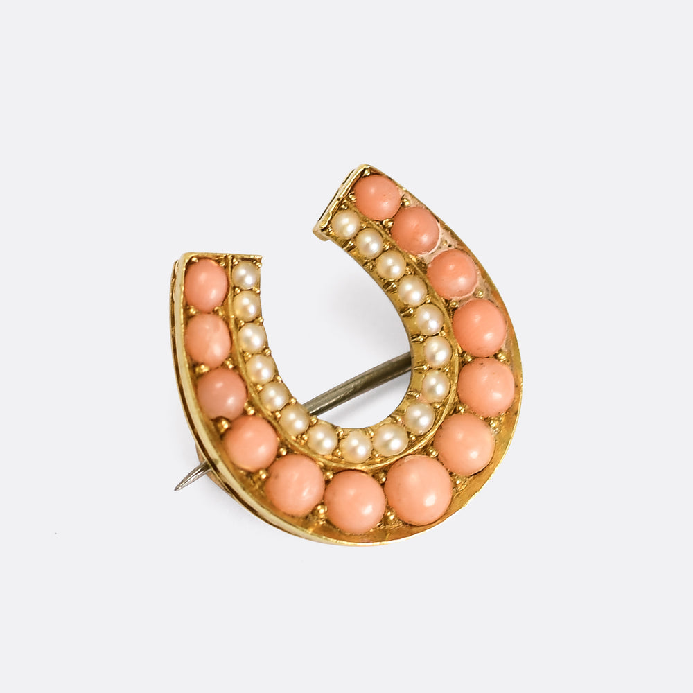 Victorian Pearl & Coral Lucky Horseshoe Brooch