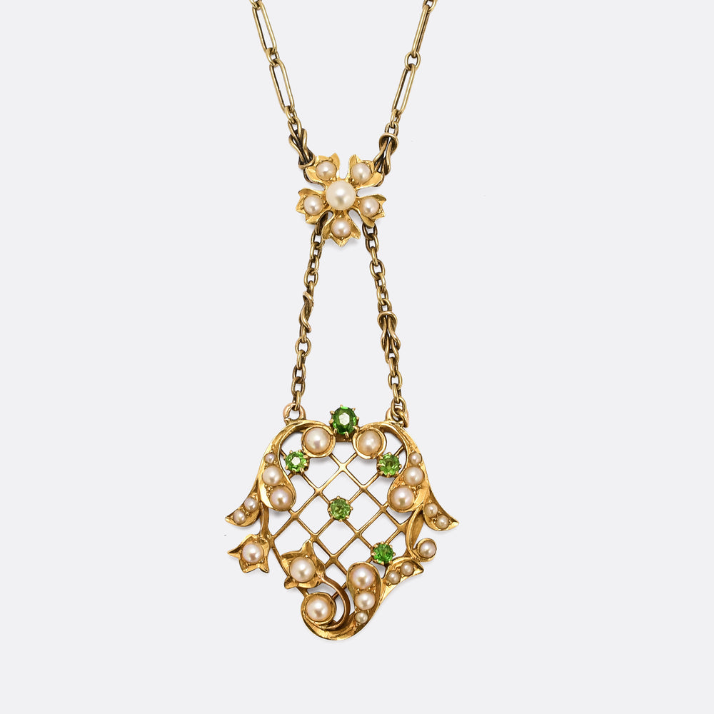 Victorian Pearl & Demantoid Garnet Pendant Necklace