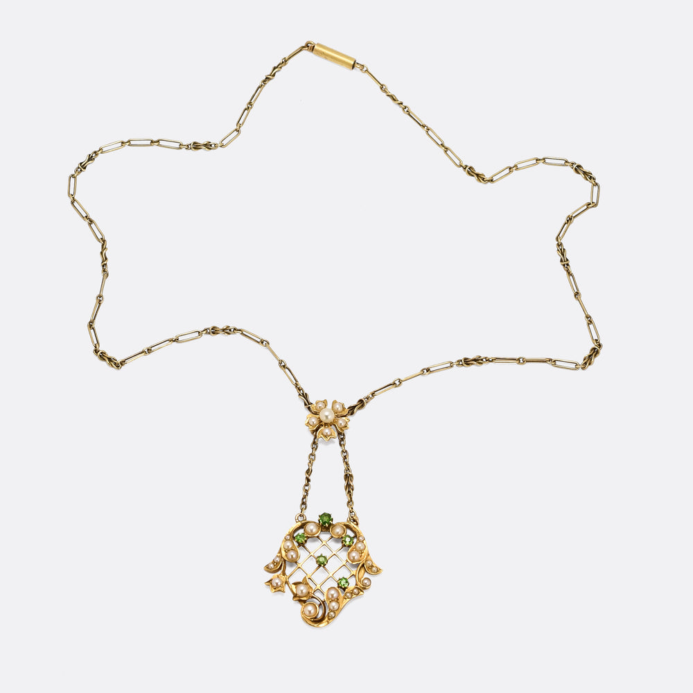 Victorian Pearl & Demantoid Garnet Pendant Necklace