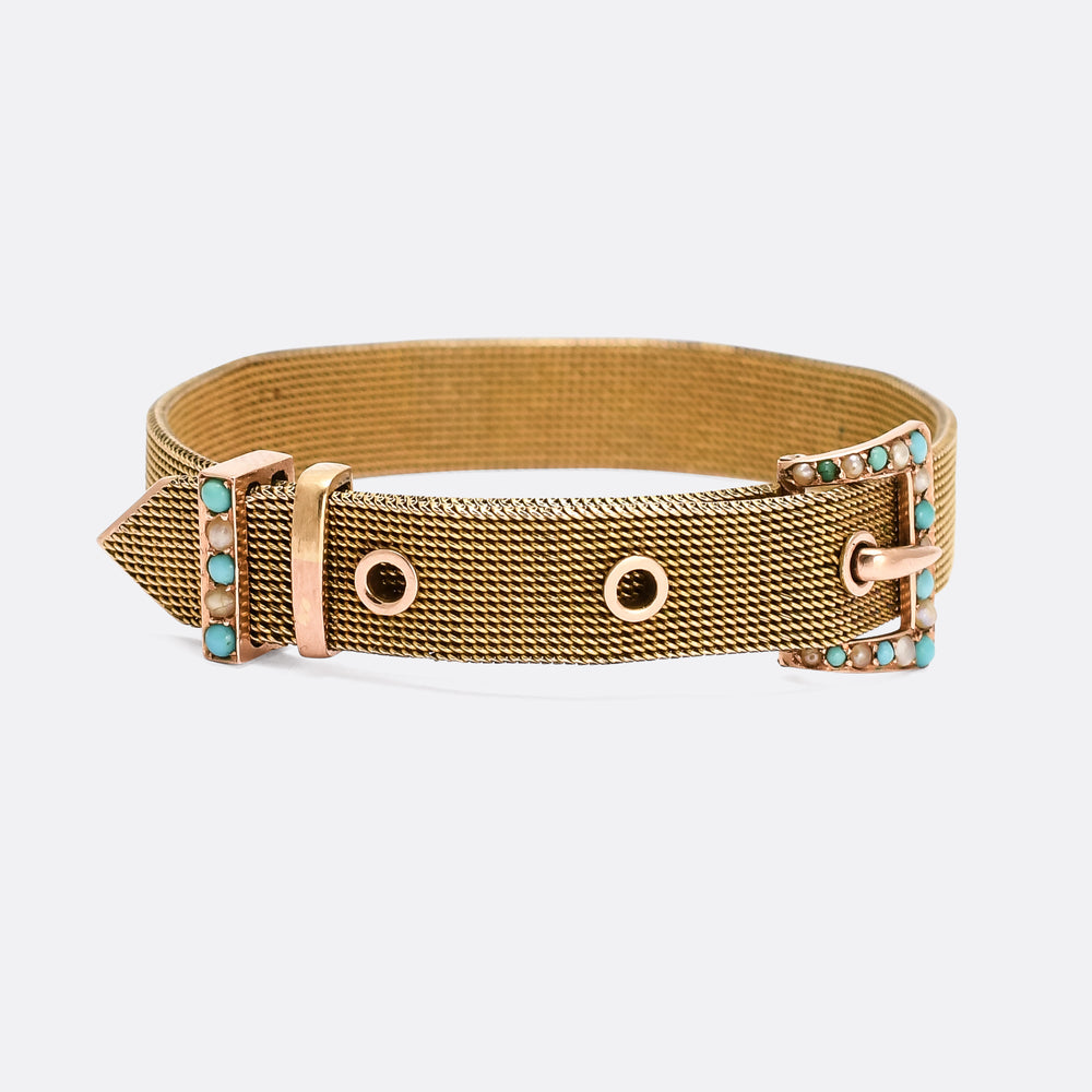 Victorian Pearl & Turquoise Mesh Buckle Bracelet