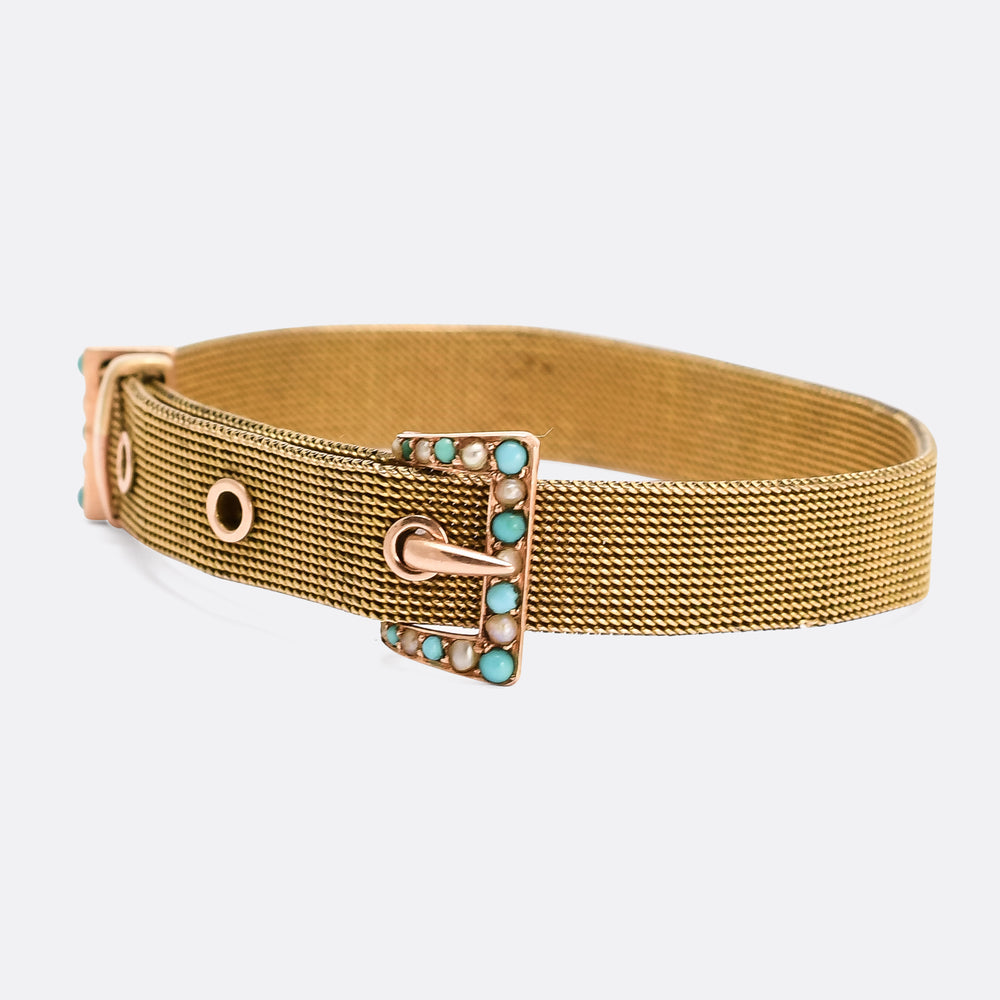 Victorian Pearl & Turquoise Mesh Buckle Bracelet