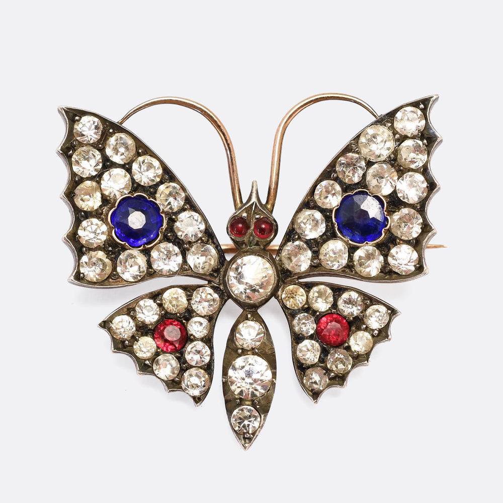 Victorian Red White & Blue Paste Butterfly Brooch