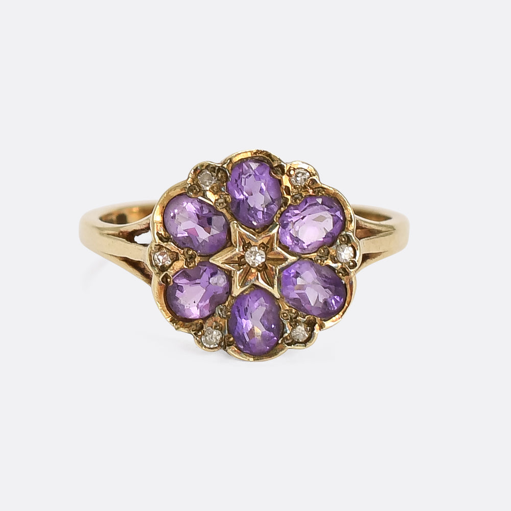 Victorian Revival Amethyst & Diamond Flower Cluster Ring
