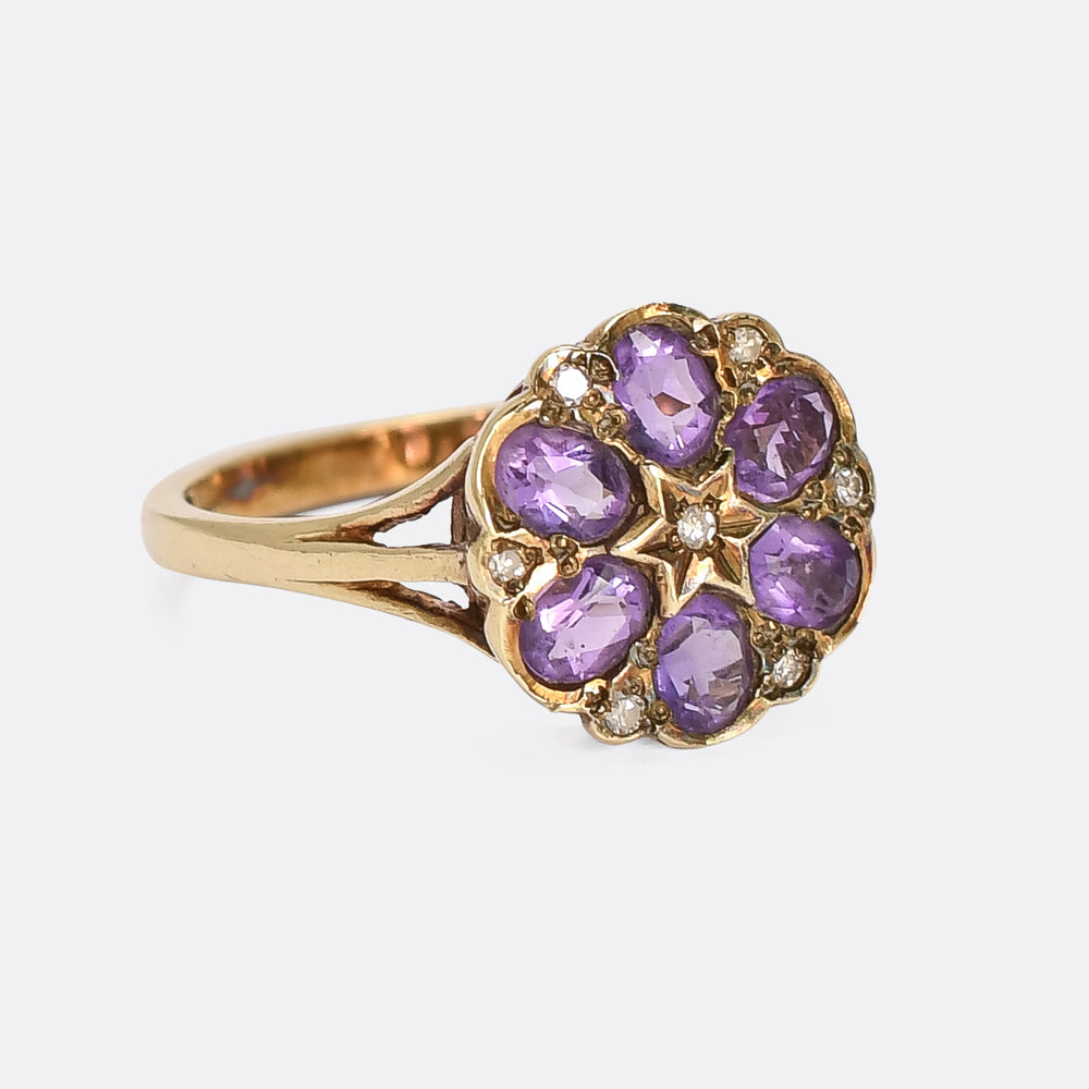 Victorian Revival Amethyst & Diamond Flower Cluster Ring