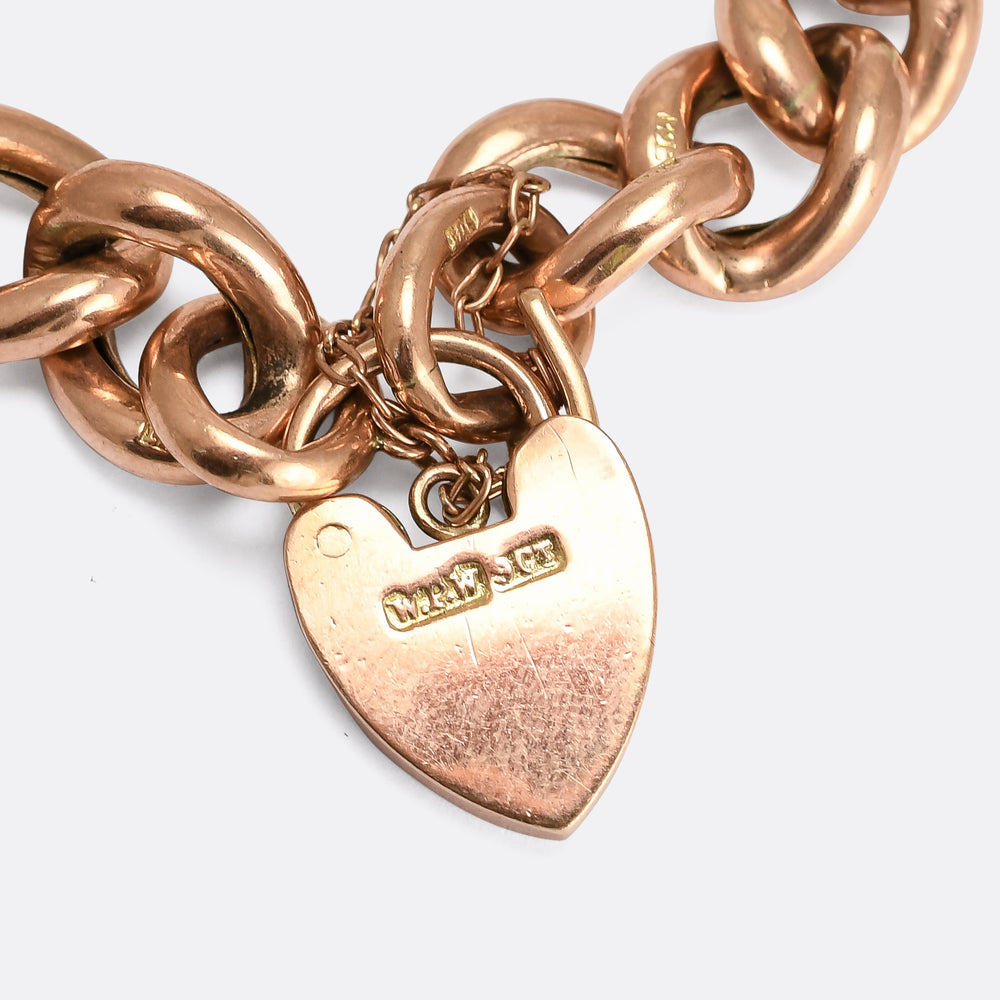 Victorian Rose Gold Curb-Link Bracelet With Heart Padlock Clasp
