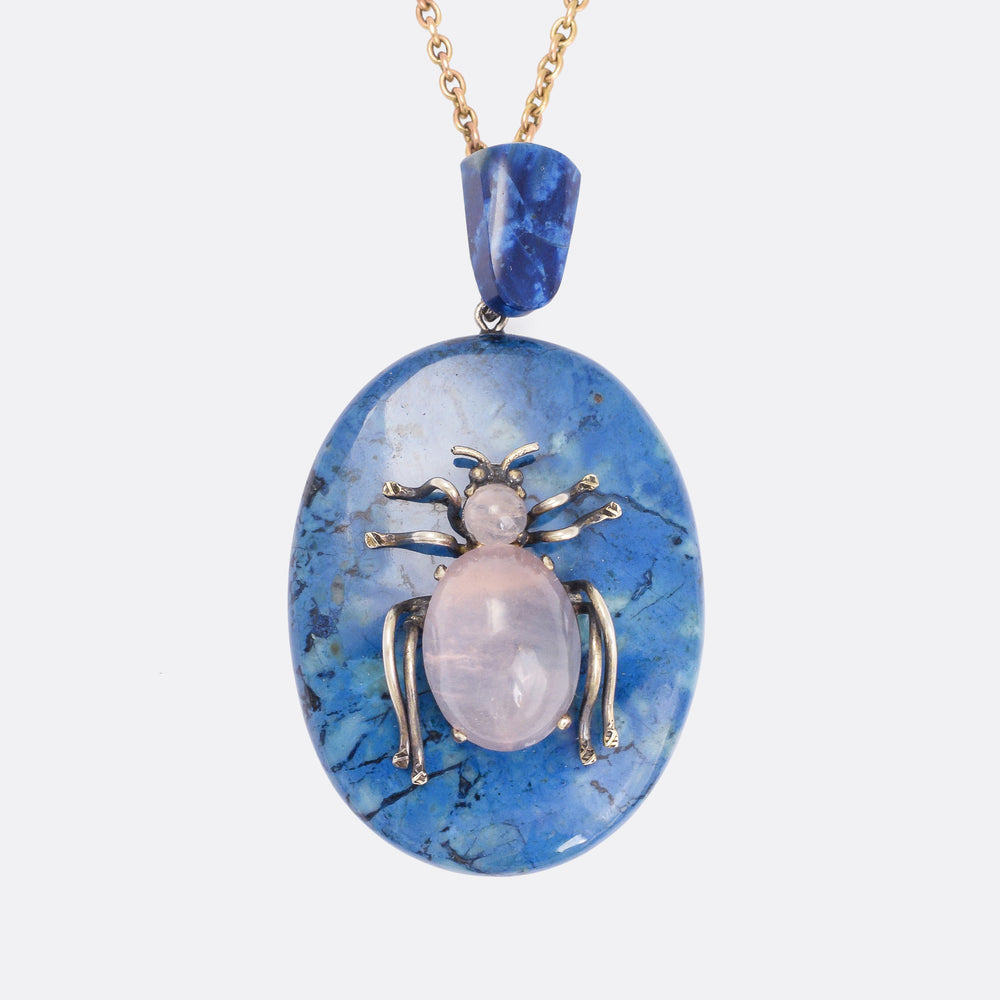 Victorian Rose Quartz & Swiss Lapis Bug Pendant
