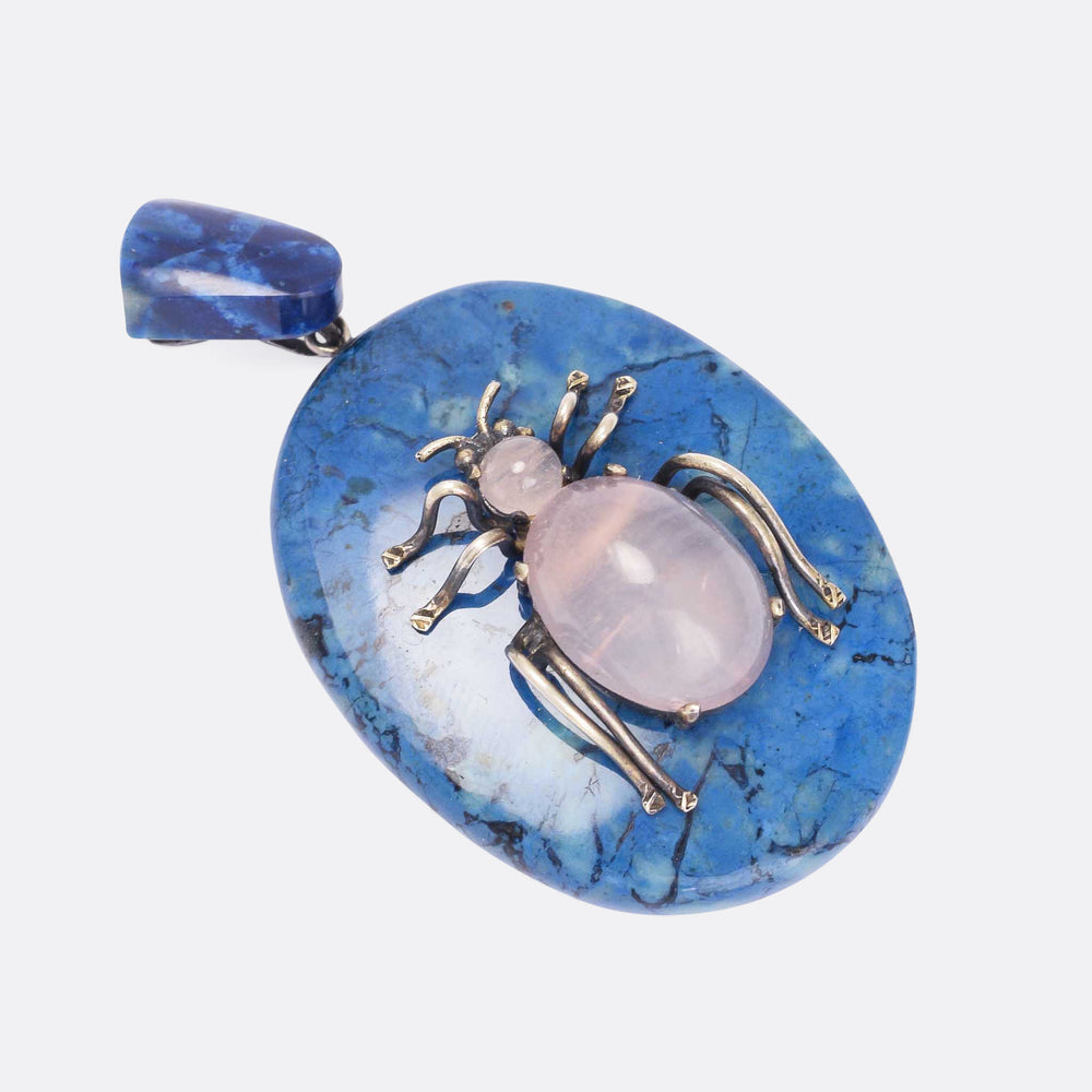 Victorian Rose Quartz & Swiss Lapis Bug Pendant