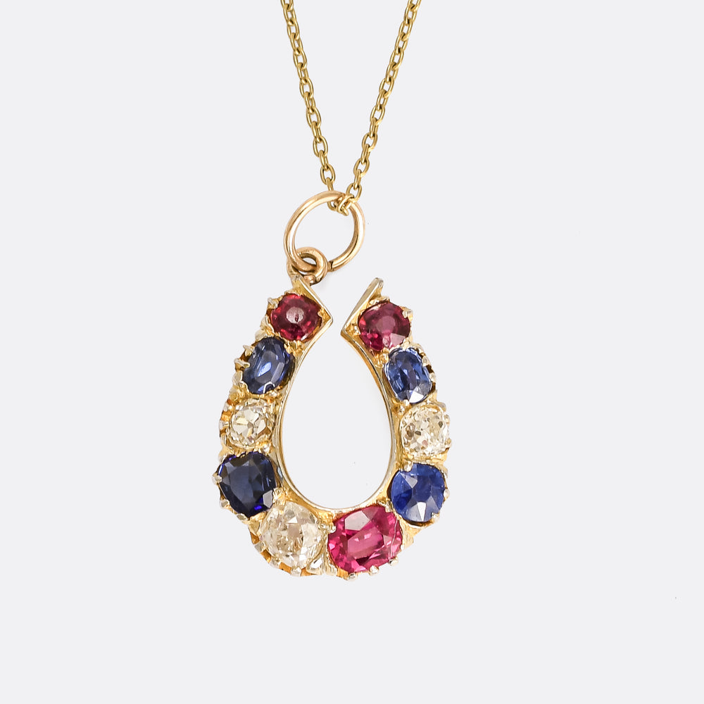 Victorian Ruby, Sapphire & Diamond Horseshoe Pendant