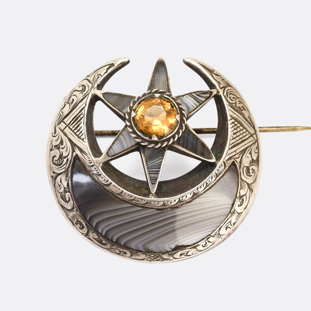 Victorian Scottish Crescent Moon & Star Brooch