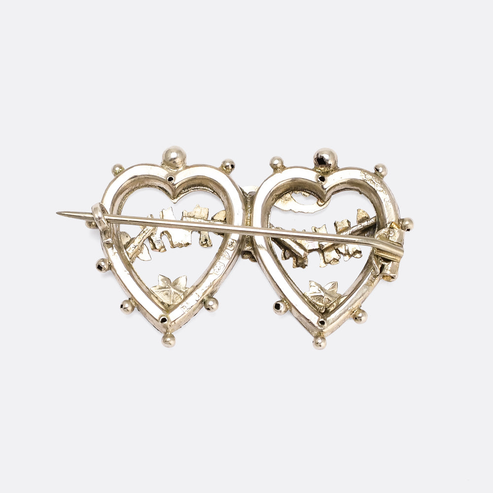 Victorian Silver & Gold Double Heart Mizpah Brooch